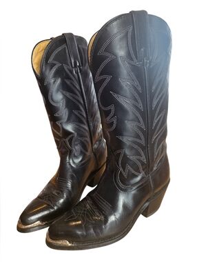 Durango Classic Black Leather Cowboy Boots w/steel toe plate Size 7 - VGUC